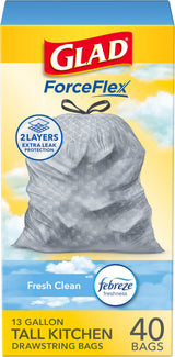 Glad Tall Kitchen Drawstring Bags 13 Gallon – Tear-Resistant ForceFlex Liners for Active Family Homes, 240 Count Bulk Pack