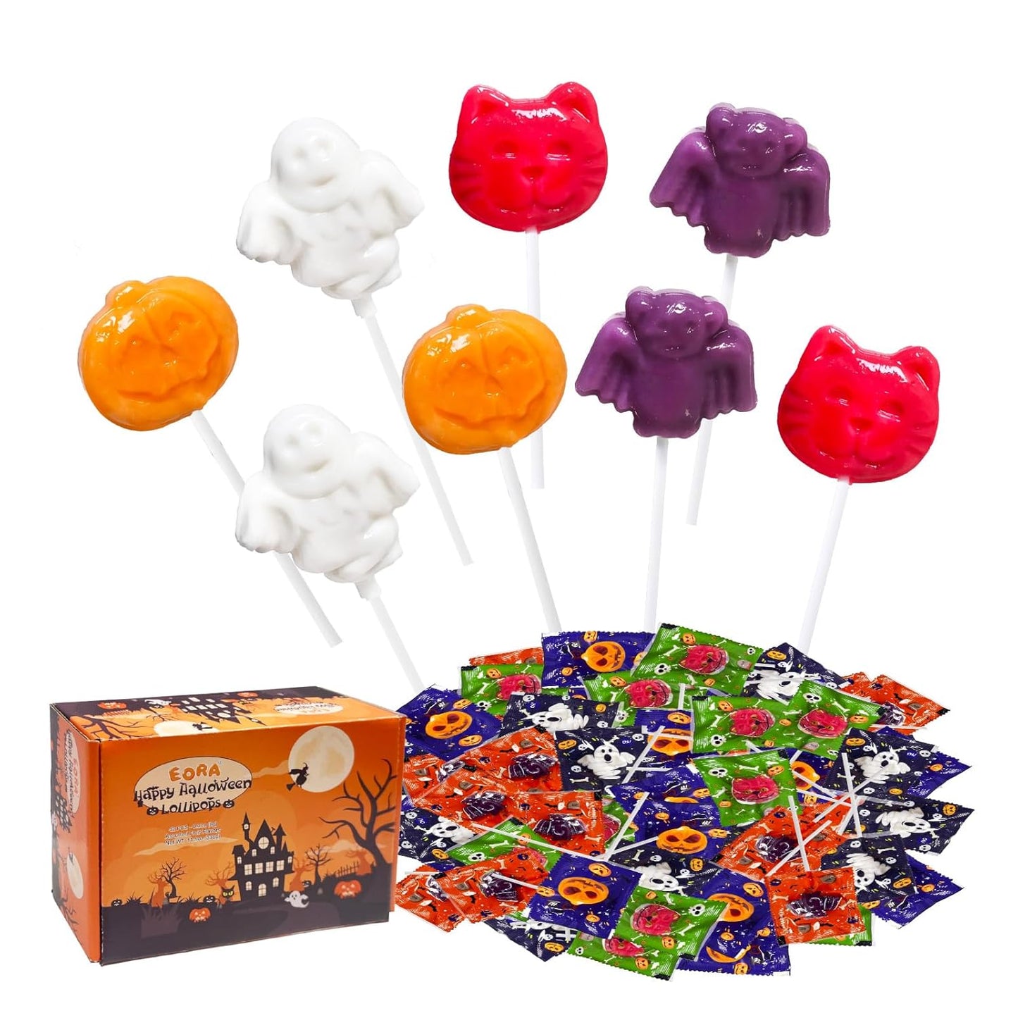 Halloween Lollipop Variety Pack for Kids Class Party and Trick or Treat Night, Handcrafted Pumpkin Ghost Bat Cat Suckers Individually Wrapped 42 Count Bulk Candy