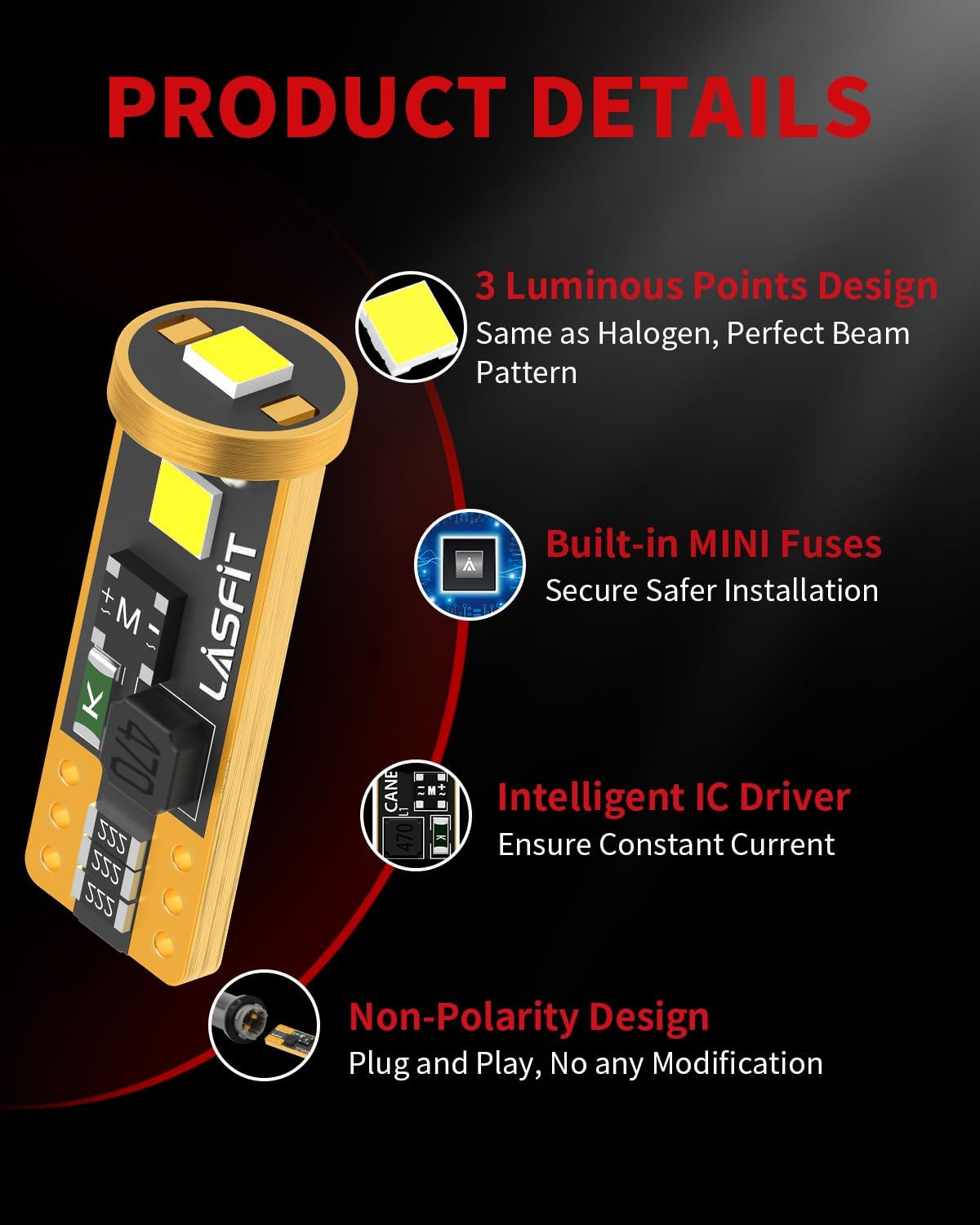 LASFIT T10 LED Interior Bulbs, 300% Brighter Output for Detail-Oriented Drivers