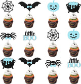 Spooky 2nd Birthday Cupcake Toppers Set of 36, Blue Black Glitter Ghost Pumpkin Bat Spider Picks for Boy's Halloween Birthday Party No Flame Safe for Kids Room