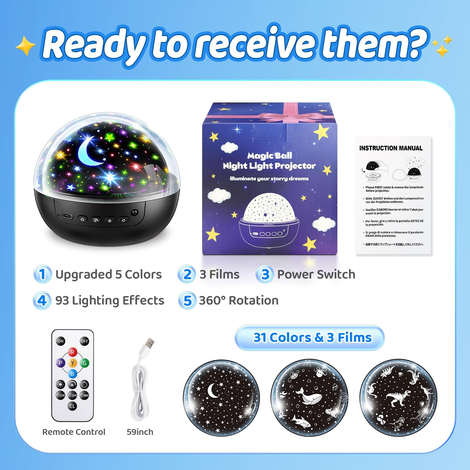 COOLNIGHT 360° Rotating Night Light – Relaxing Bedtime Atmosphere for Kids Fear of the Dark