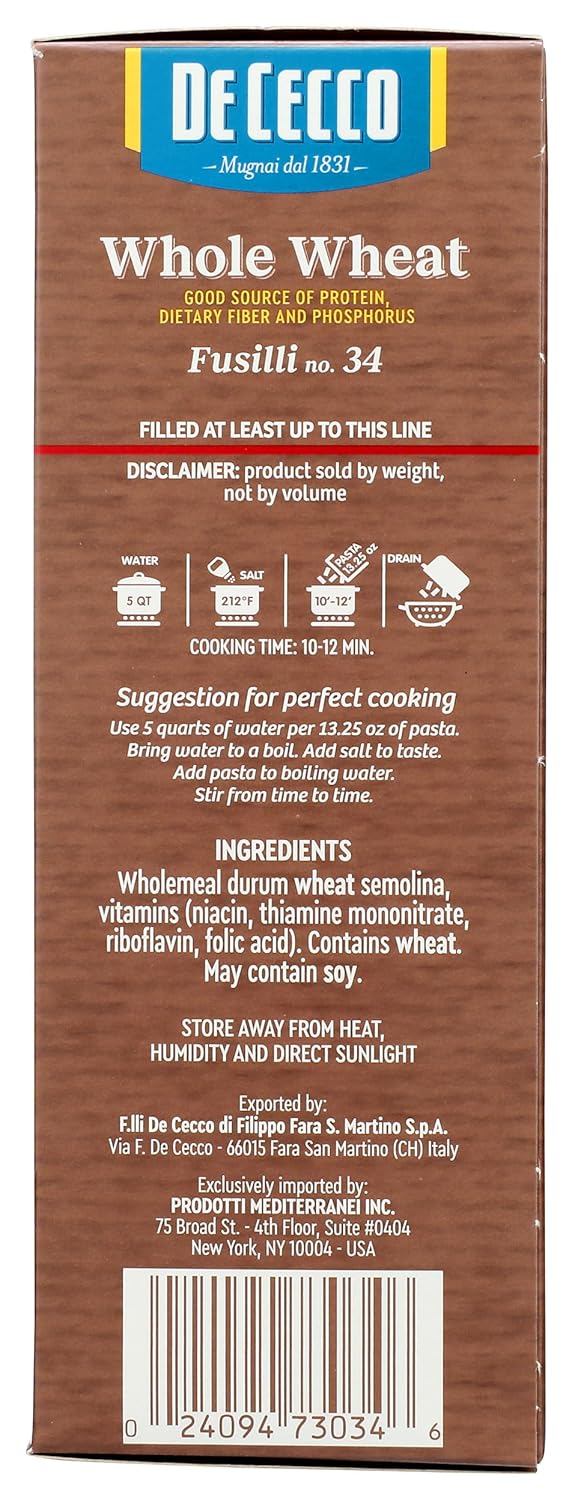 De Cecco Whole Wheat Fusilli – Slow-Dried Campania Pasta for Premium Recipe Testing Kitchens