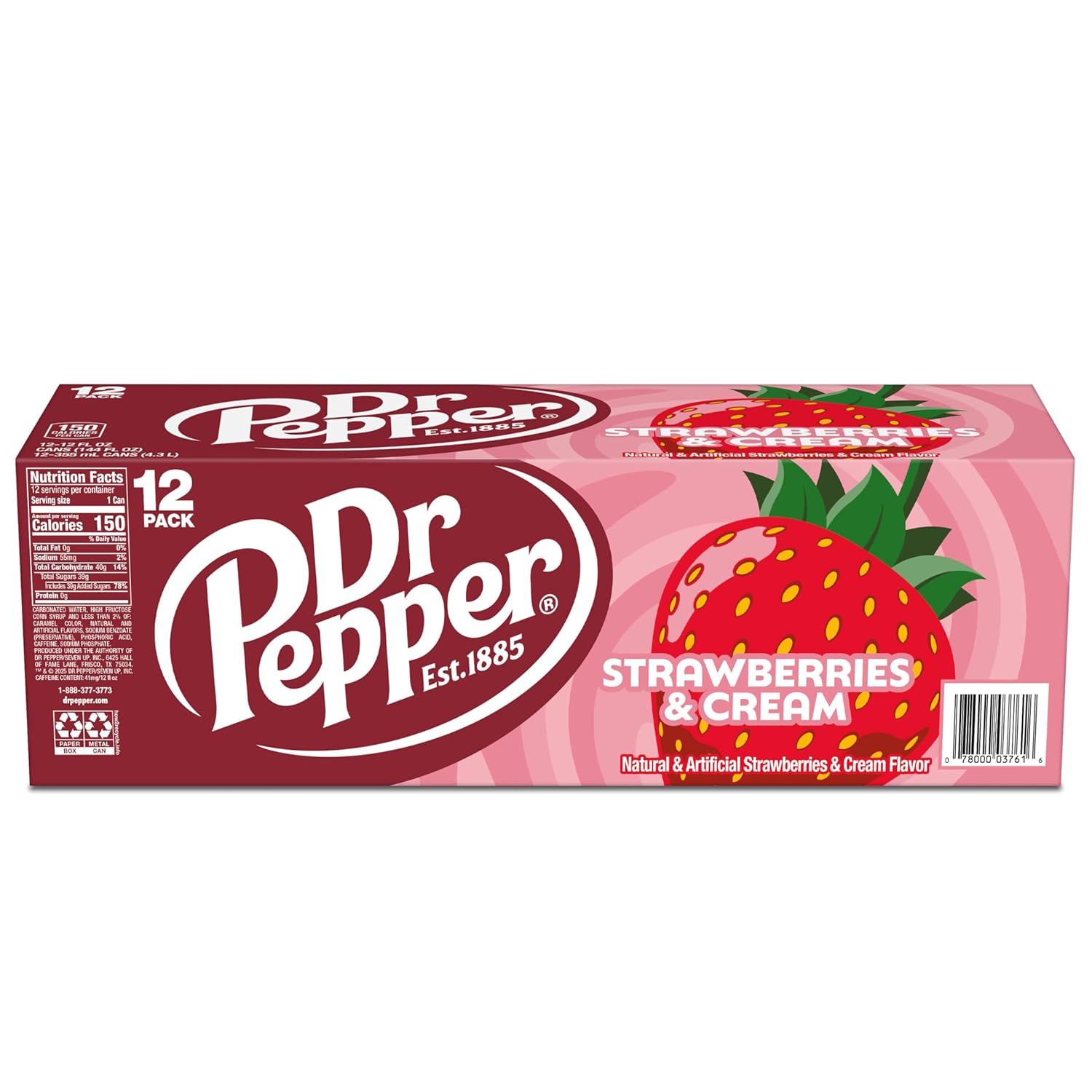 Dr Pepper Strawberries & Cream Zero Sugar 12-Pack – Thoughtful Care Package for Friends Cutting Sugar on Valentine's Day