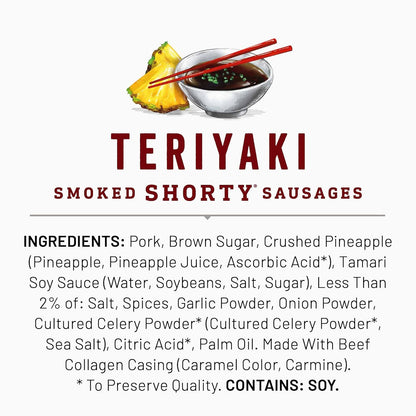 Duke's Pork Teriyaki Smoked Shorty Sausages – Slow-Smoked Sausage for Picnics, Campsites, and Tailgates, 5 oz