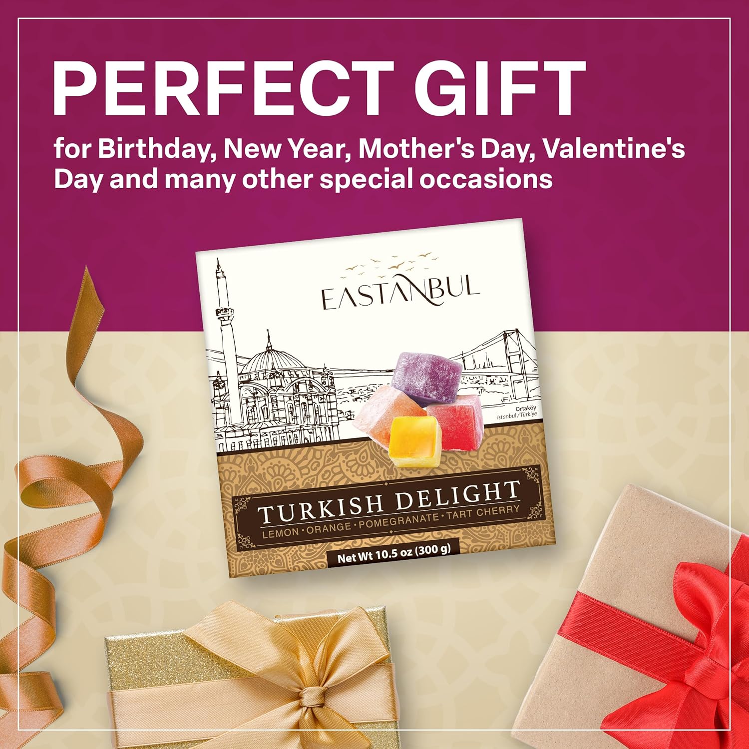 Eastanbul Turkish Delight Pomegranate Orange Cherry Lemon, Stocking Stuffer and Eid al-Fitr Holiday Candy Gift