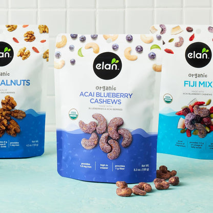 Elan Organic Acai Blueberry Cashews – Holistic Pantry Staple Paired with Daily Vitamins, 5.3 oz USDA Organic Glazed Cashews