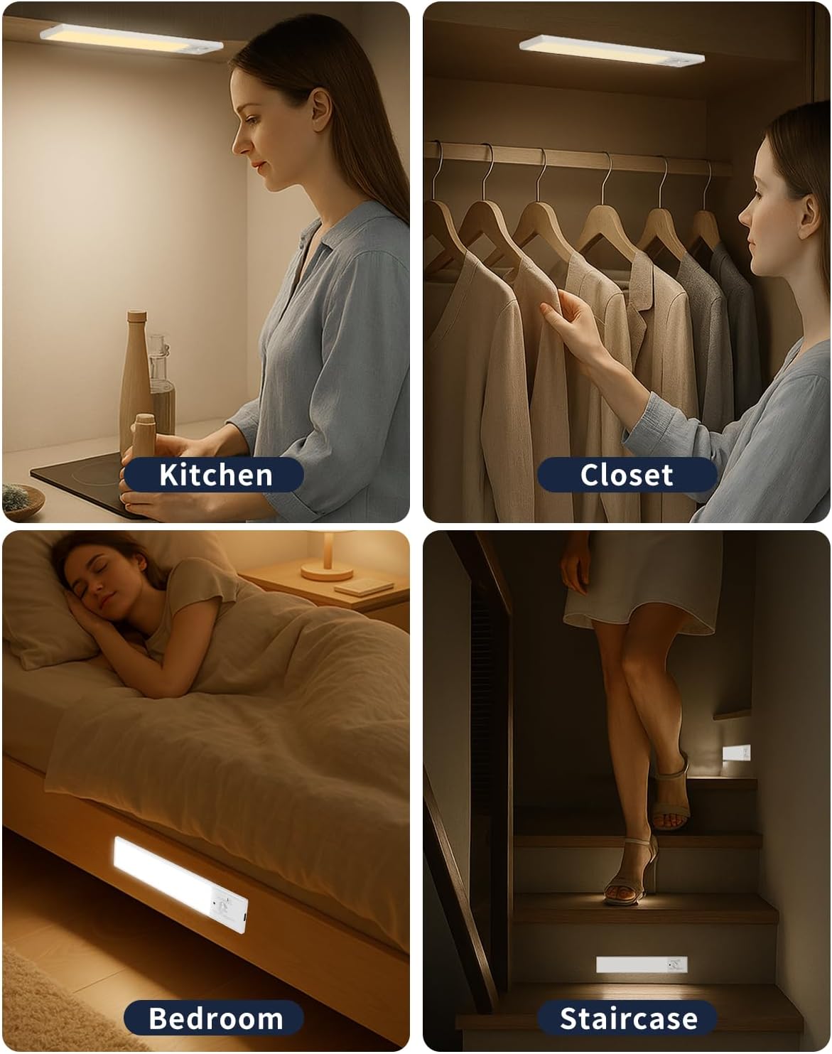 FBY Under Cabinet Lights, Tool-Free 3M Adhesive LED for Clean Uncluttered Surfaces, Rechargeable Minimalist 3-Pack