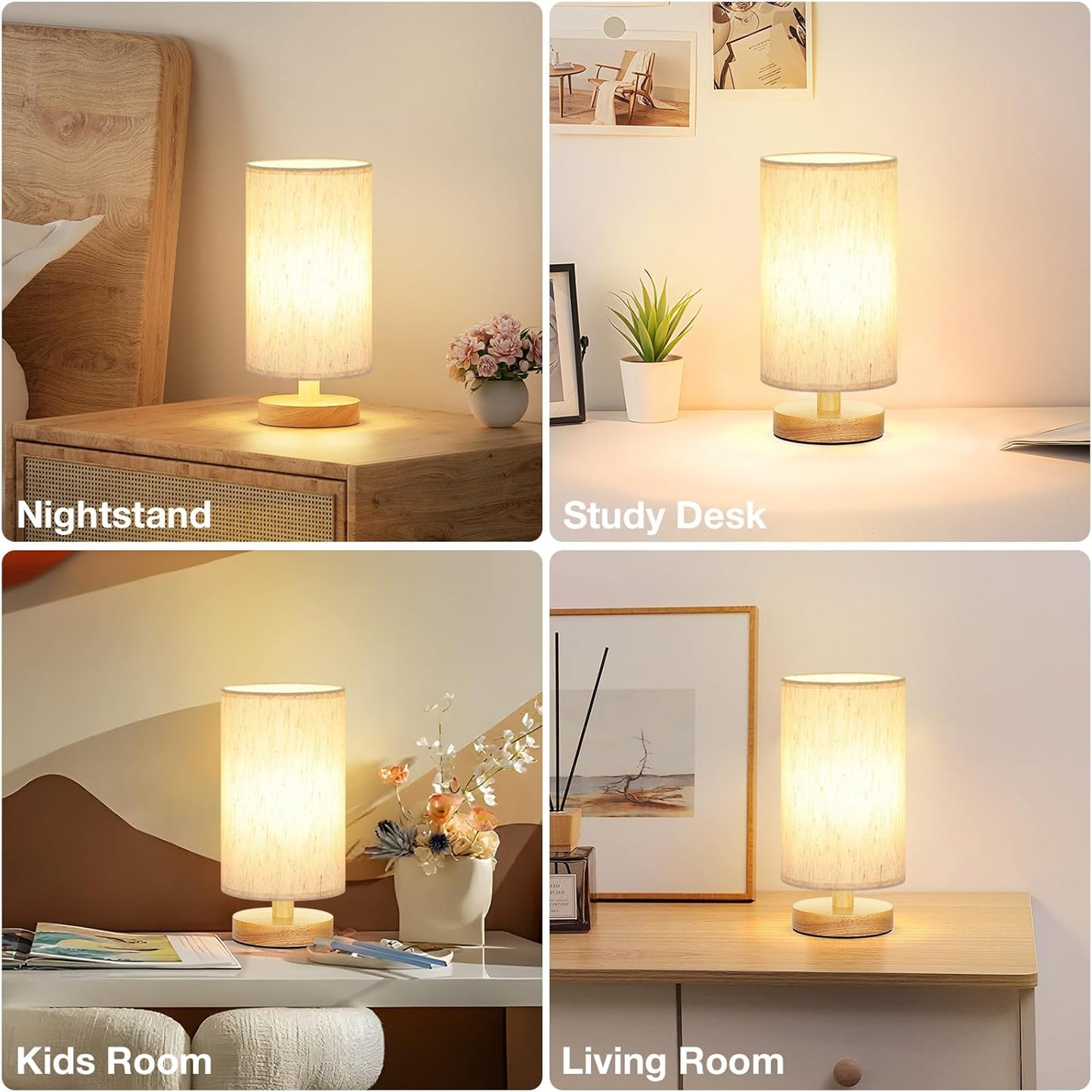 Fenmzee Small Nightstand Lamp for Family Bedroom - Tip-Stable Wood Base Lamp with No Heat Risk and Flicker-Free Glow