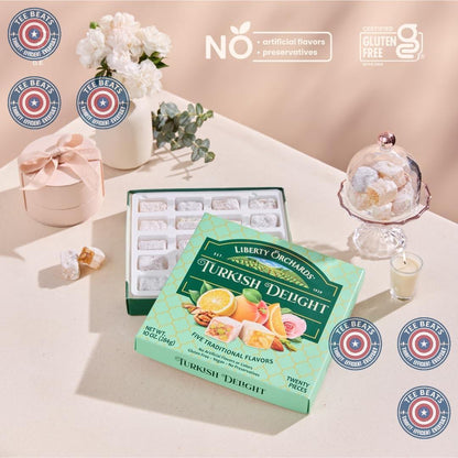 five-flavor assortment: orange blossom & almond, rose & pistachio, lemon delight, vanilla & pistachio, apricot & walnut