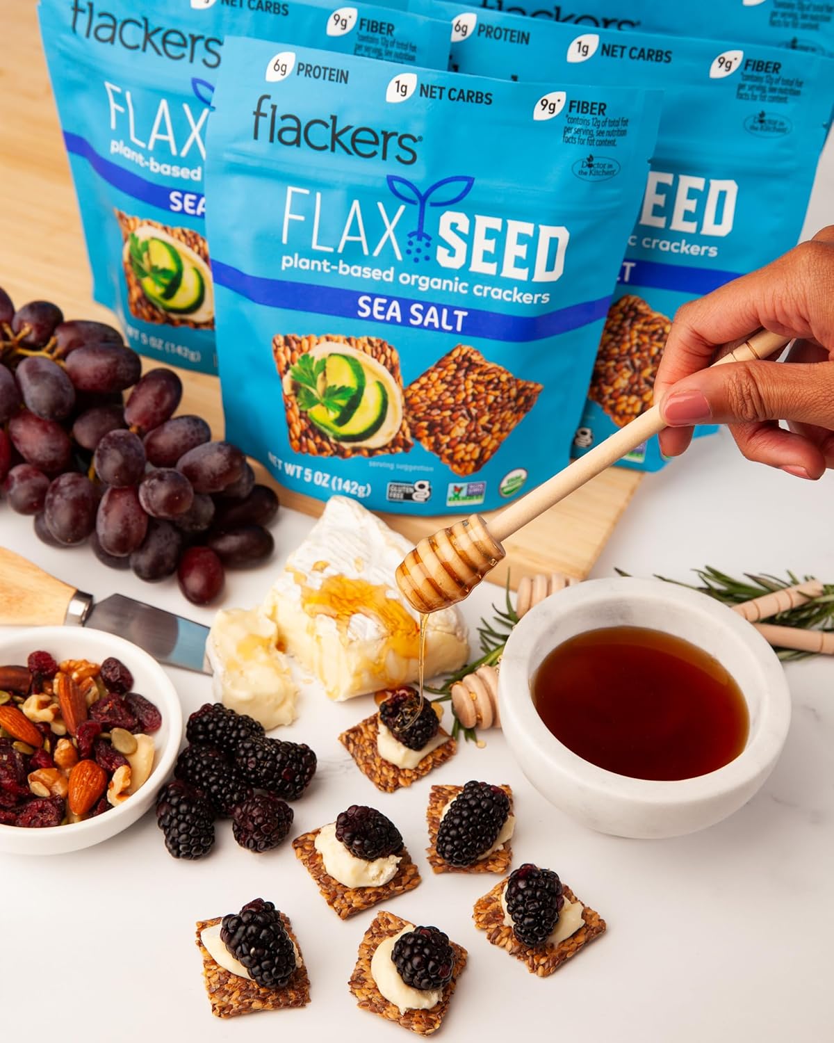 Flackers Organic Rosemary Flaxseed Crackers – Patio-Ready Cracker for Alfresco Wine and Cheese Boards