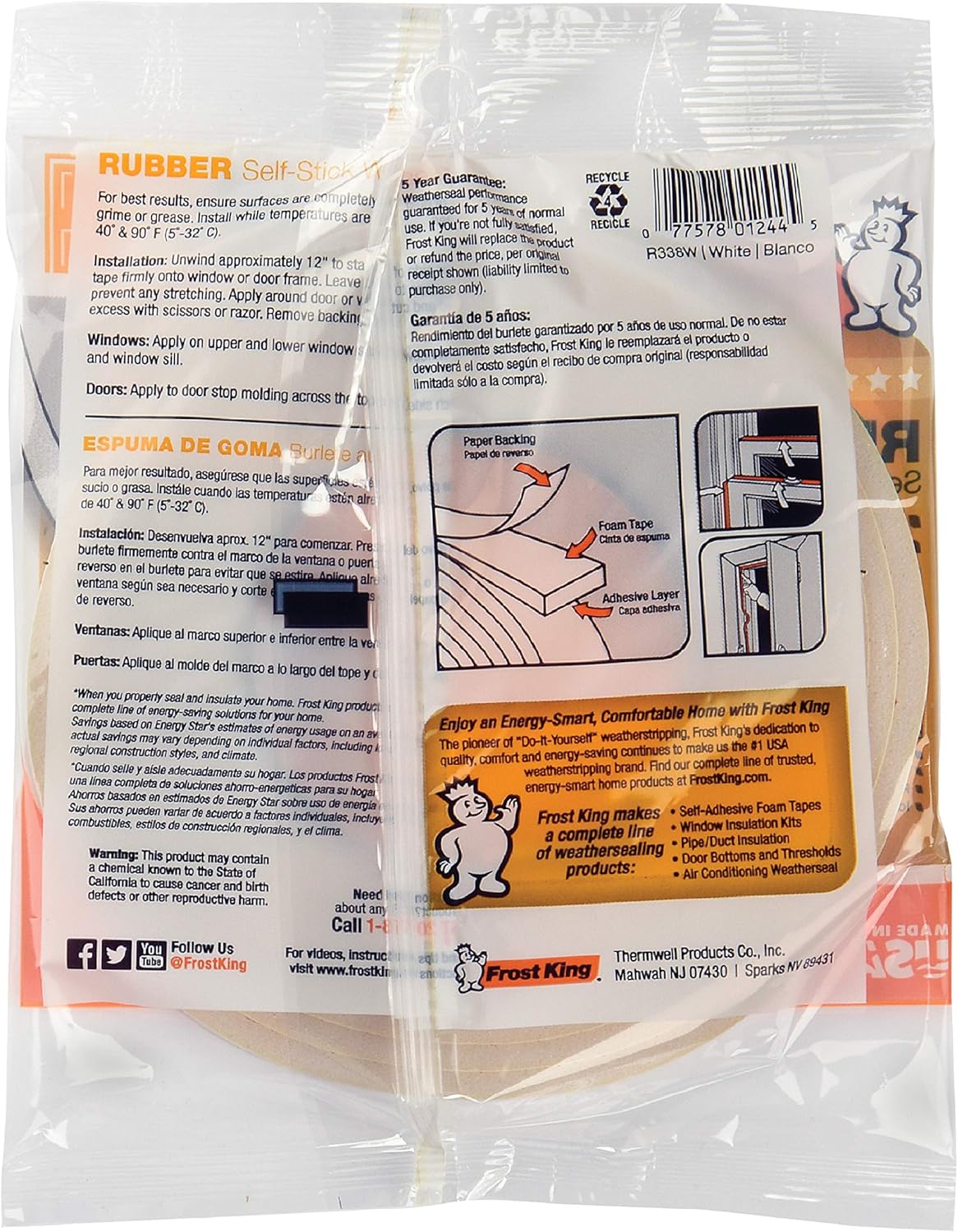 Frost King R338H Self-Stick Weatherseal Tape for Apartment and Home Use, Reduces Cold Air Leakage Around Rental Unit Doors