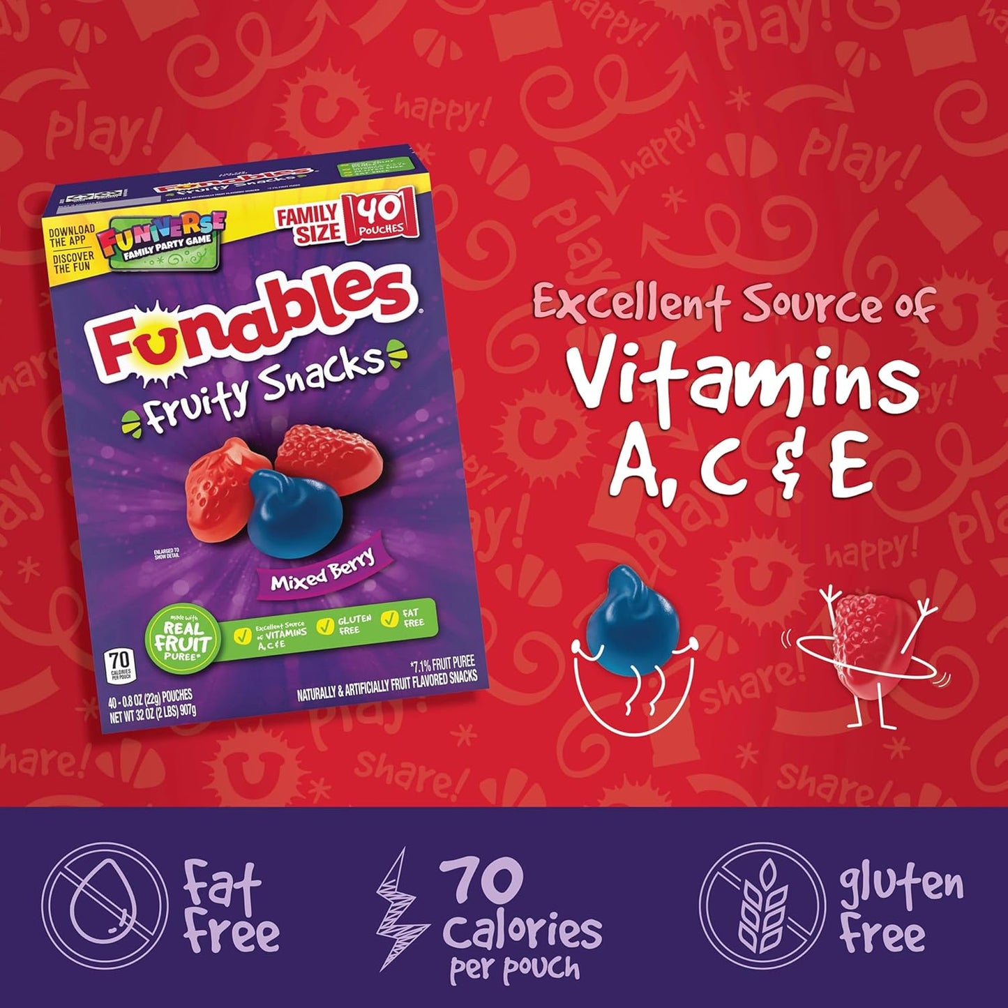 Funables Fruity Snacks, Individually Wrapped Mixed Berry Snack for Office Pantry and Meeting Room