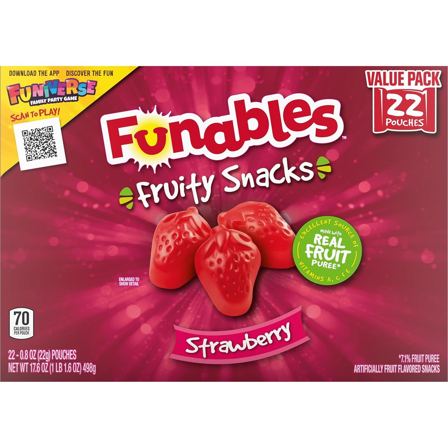 Funables Mess-Free Strawberry Gummy Snacks for Movie Theaters & Long Drives, 22 Count