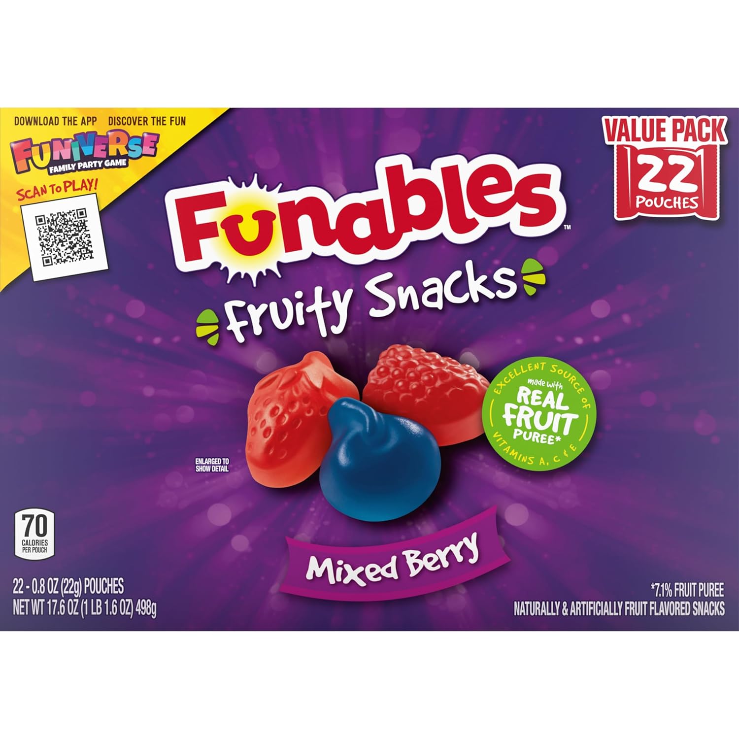 Funables Mixed Berry Fruity Snacks, Classroom Treat and Daycare Snack for Kids, 22 Individually Wrapped Pouches