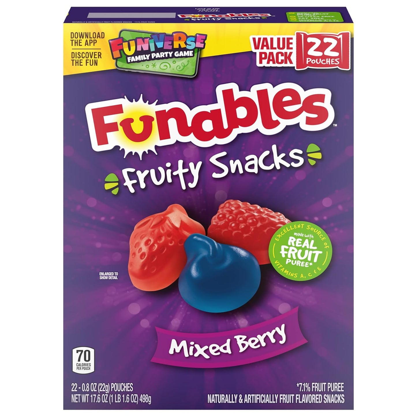 Funables Mixed Berry Fruity Snacks, Classroom Treat and Daycare Snack for Kids, 22 Individually Wrapped Pouches