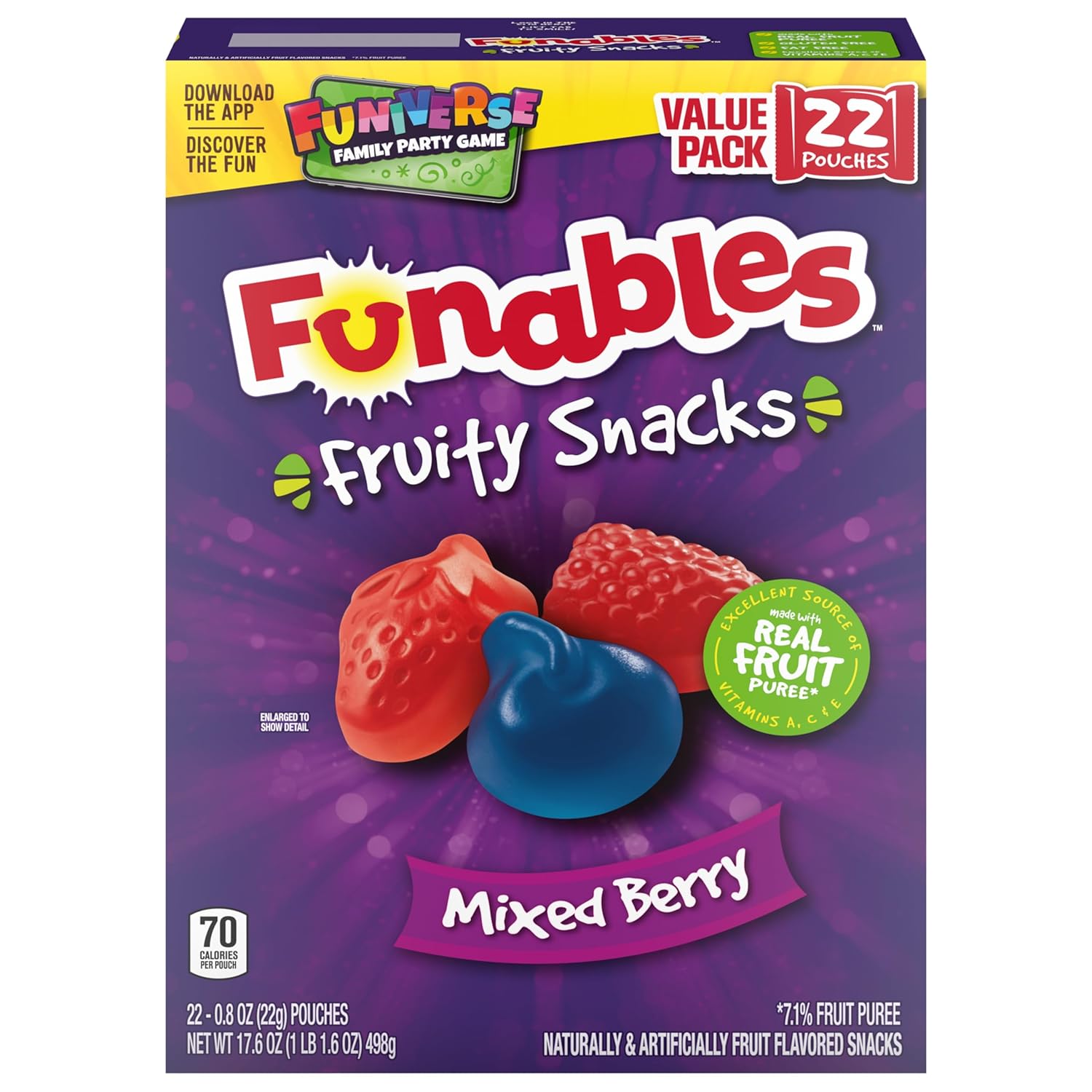 Funables Mixed Berry Fruity Snacks, Classroom Treat and Daycare Snack for Kids, 22 Individually Wrapped Pouches