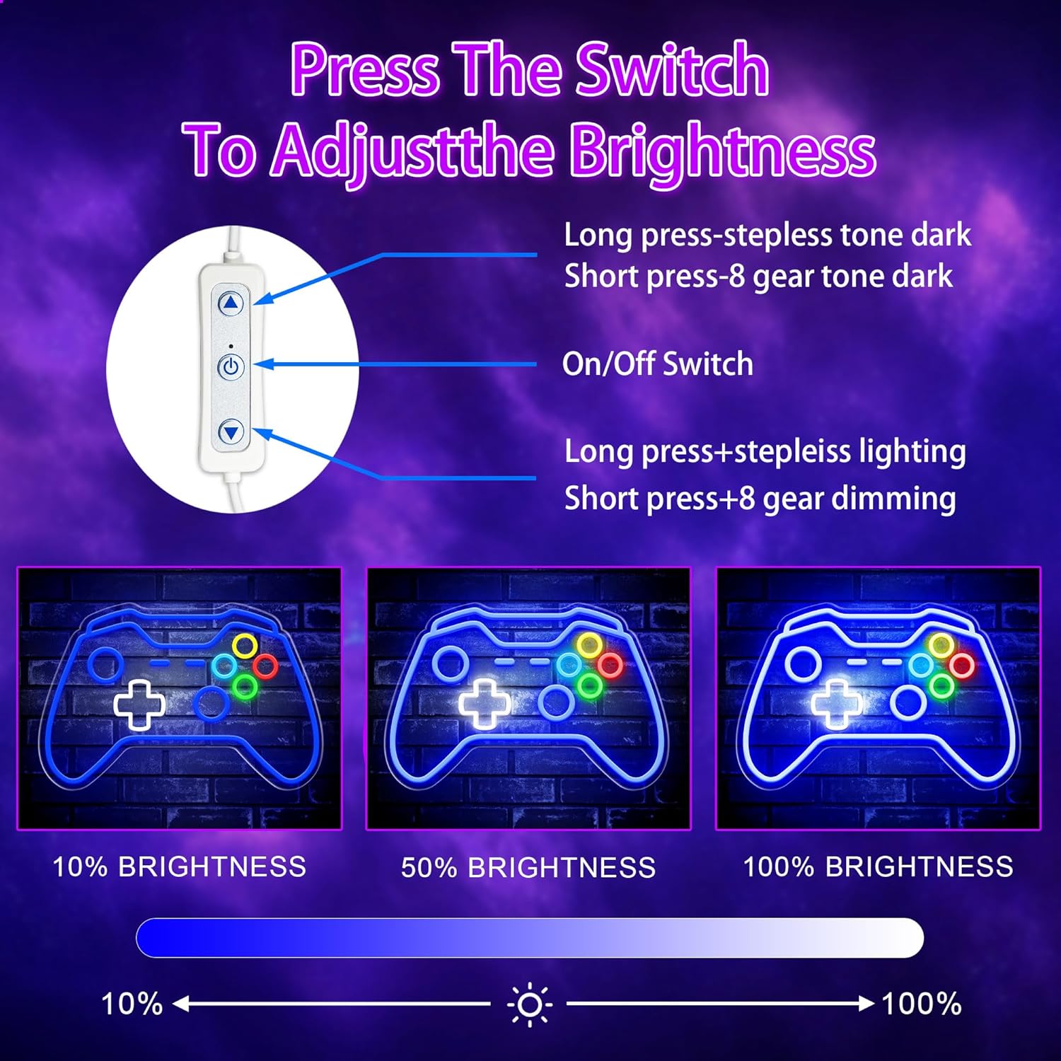 Gaming Neon Light – Valentine's and Birthday Present for Gamer Boyfriend or Husband, Bedroom Wall Decor with Brightness Control