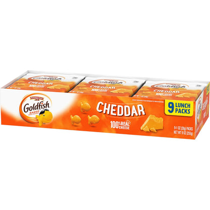 Goldfish Cheddar Cheese Crackers – Lunchbox Side for Kids Lunches, 1 oz Portion-Controlled Packs, 9 Count Tray
