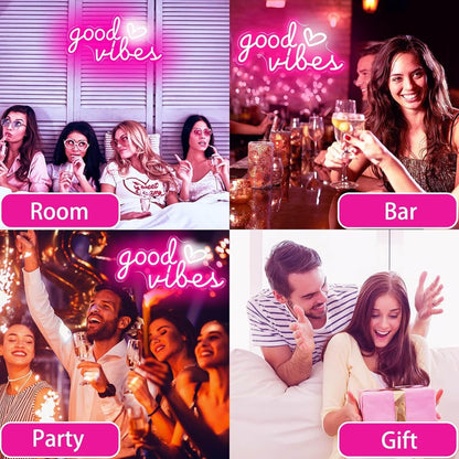 Good Vibes Neon Sign – Christmas Gift for Teen Girls, Heart-Shaped USB Neon Sign for Dorm Room Aesthetic