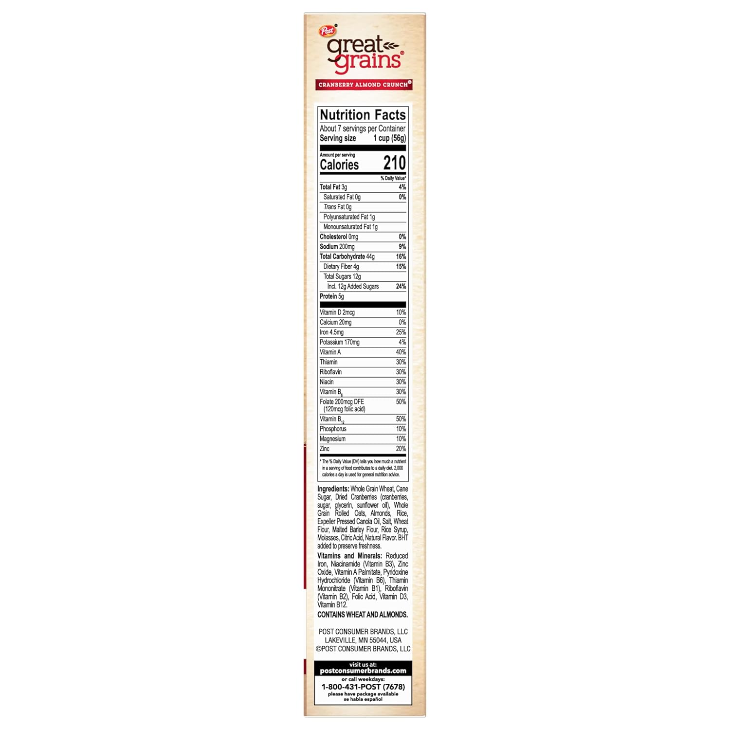 Great Grains Cranberry Almond Crunch Cereal – Wholesome Dried Cranberry Almond Cereal for Balanced Wellness Diets, 14 oz