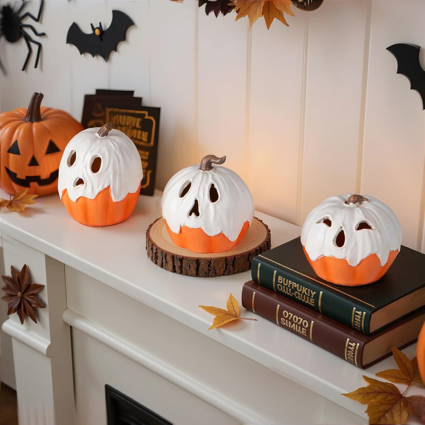 Halloween Decorations Light Up Ghost Pumpkin Set of 3 – Warm LED Tabletop Decor for Apartment Mantel and Bookshelf Vignette
