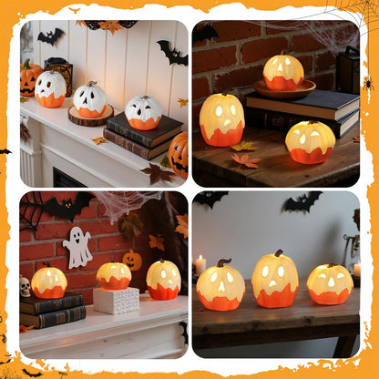 Halloween Decorations Light Up Ghost Pumpkin Set of 3 – Warm LED Tabletop Decor for Apartment Mantel and Bookshelf Vignette