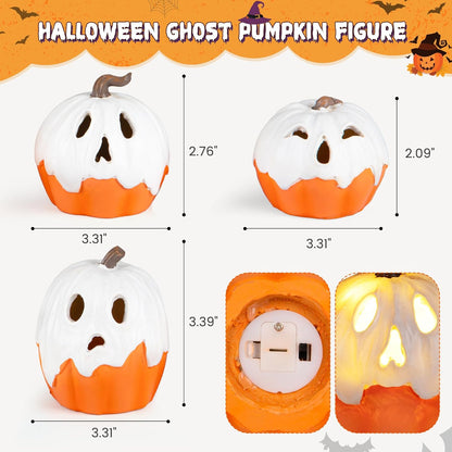 Halloween Decorations Light Up Ghost Pumpkin Set of 3 – Warm LED Tabletop Decor for Apartment Mantel and Bookshelf Vignette