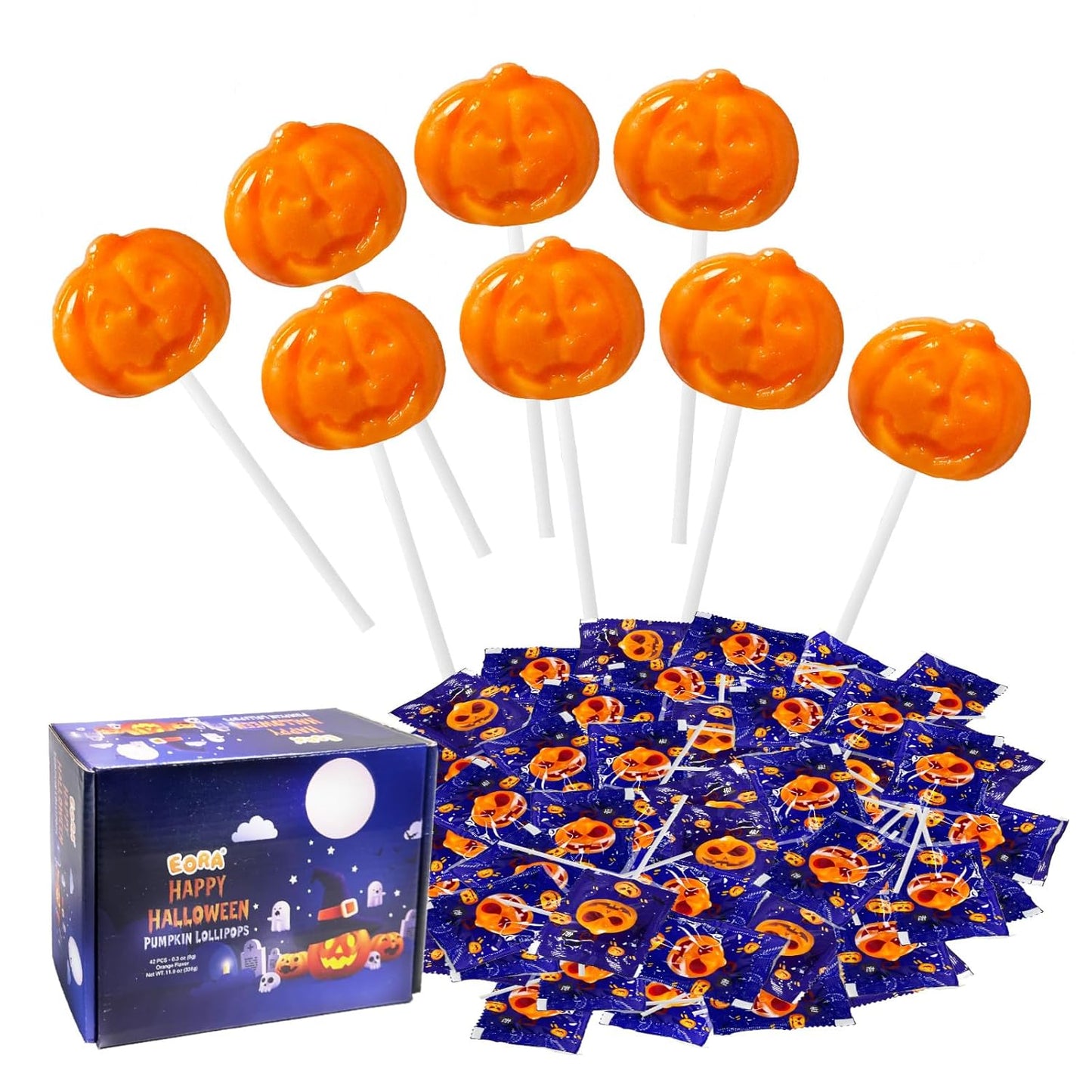 Halloween Lollipop Variety Pack for Kids Class Party and Trick or Treat Night, Handcrafted Pumpkin Ghost Bat Cat Suckers Individually Wrapped 42 Count Bulk Candy