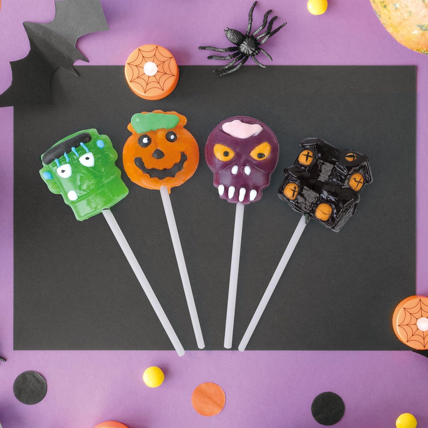 Halloween Monster Lollipops for Kids Party Favors - Individually Wrapped 24 Pack of Pumpkin Ghost Witch and Frankenstein Suckers