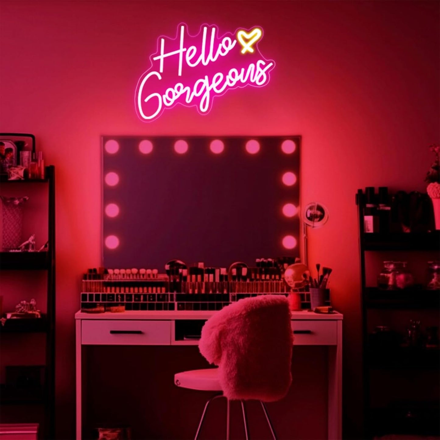 Hello Gorgeous Neon Sign – Designer Pink Neon Sign for Vanity and Lounge Spaces, USB-Powered with Stepless Dimmer