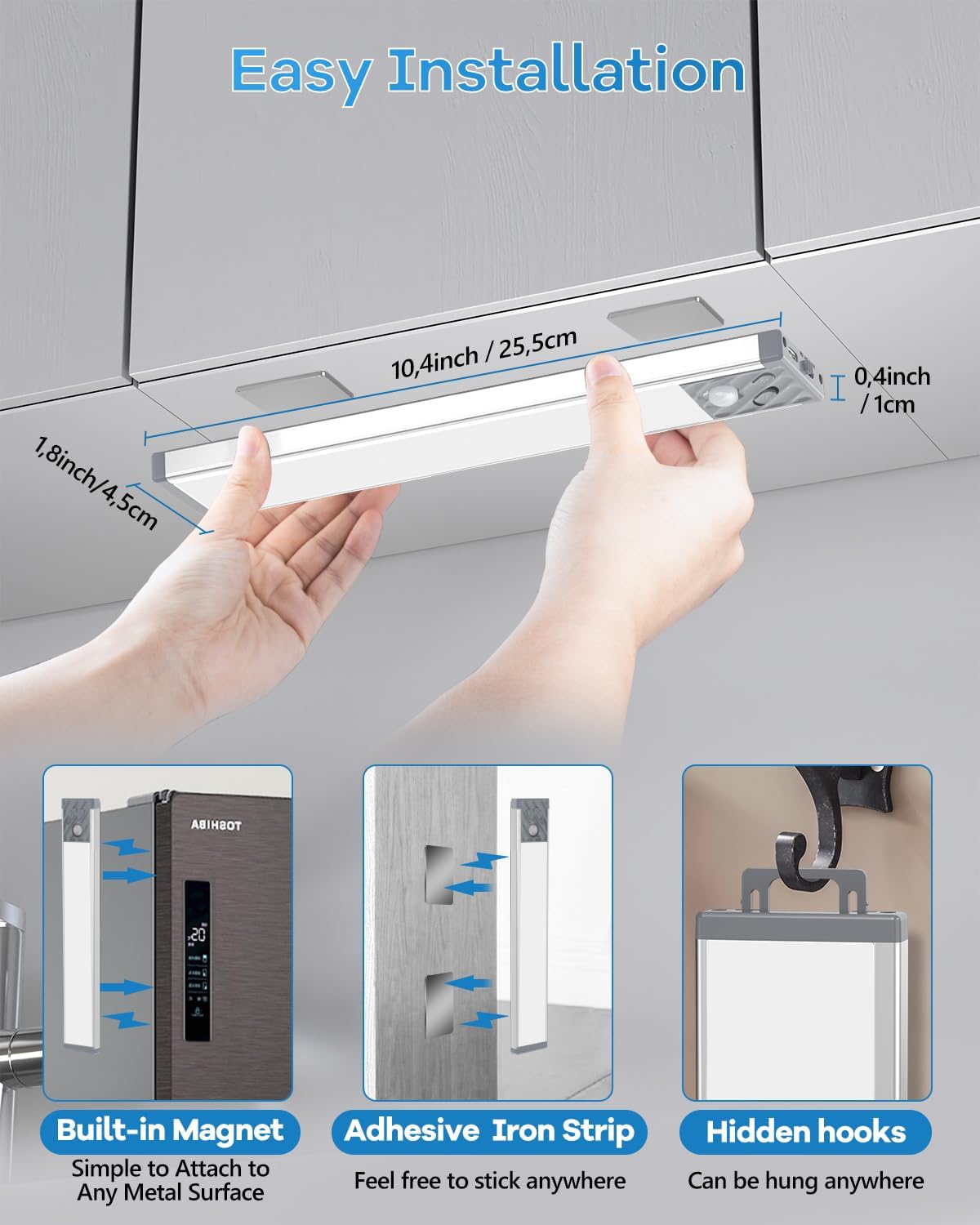 HIBOITEC Magnetic Strip Light – Less-Is-More Pantry Lighting, Tool-Free Rechargeable Motion Bar 2-Pack