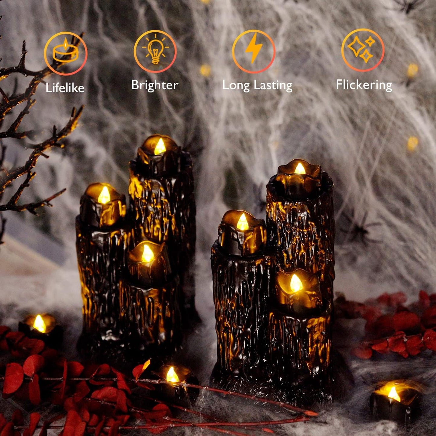 Homemory Flameless Halloween Tea Lights Set – Black Drip Candles for Haunted Tabletop Displays, Cauldrons & Aesthetic Home Styling