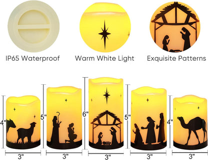 Homemory Nativity Pillar Candle Collection - Dining Table Christmas Eve Centerpiece with Flicker Mode, 5 Pack Battery