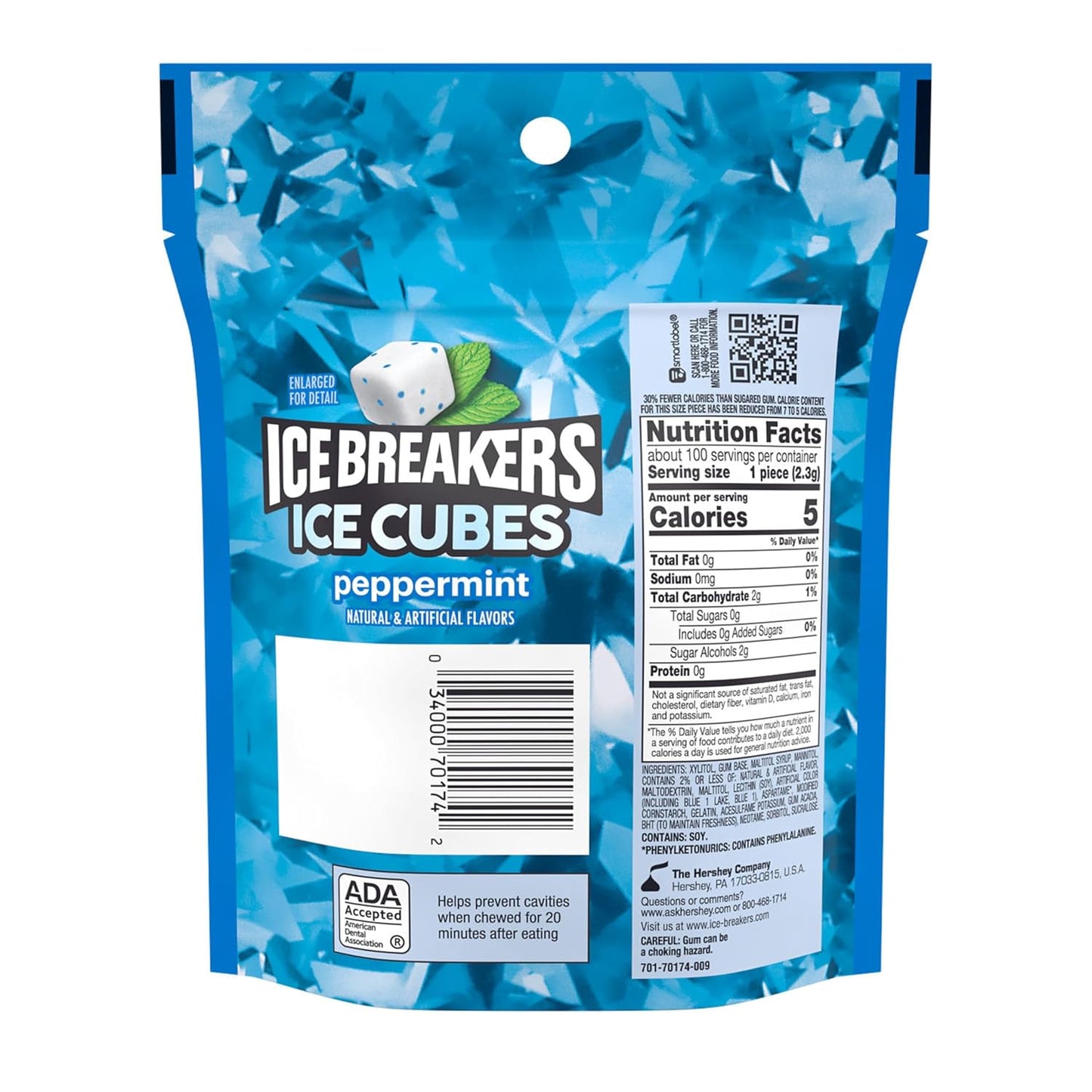 ICE BREAKERS Ice Cubes Peppermint Sugar Free Chewing Gum, 100-Count Pouch – After-School Snack Drawer Refill for Growing Kids