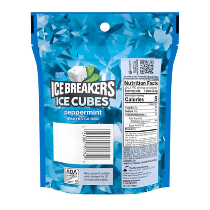 ICE BREAKERS Ice Cubes Peppermint Sugar Free Chewing Gum, 100-Count Pouch – After-School Snack Drawer Refill for Growing Kids