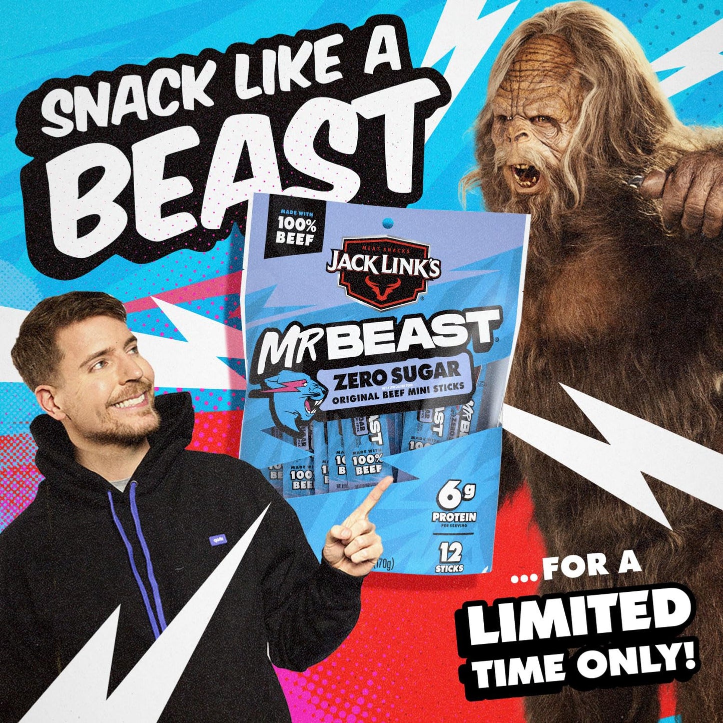 Jack Link's x MrBeast Zero Sugar Mini Beef Sticks – Lunchbox-Stuffing Kids Snack, 6g Protein 12 Count