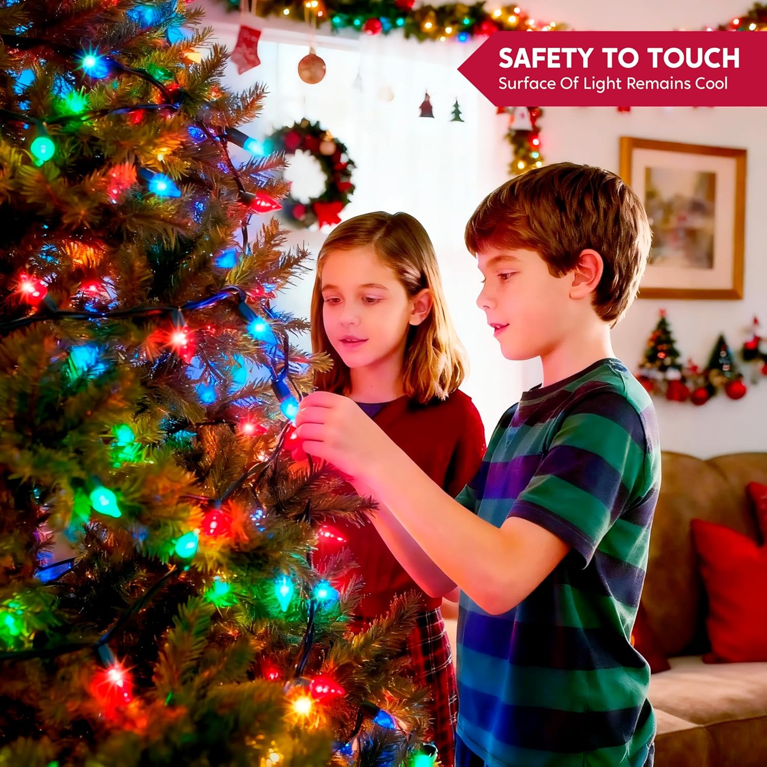 Joiedomi C6 LED Lights – Safe Sleep and Around-the-Clock Holiday Glow, 50.6FT Shatterproof Plastic Multicolor Bulbs with No Fire Risk