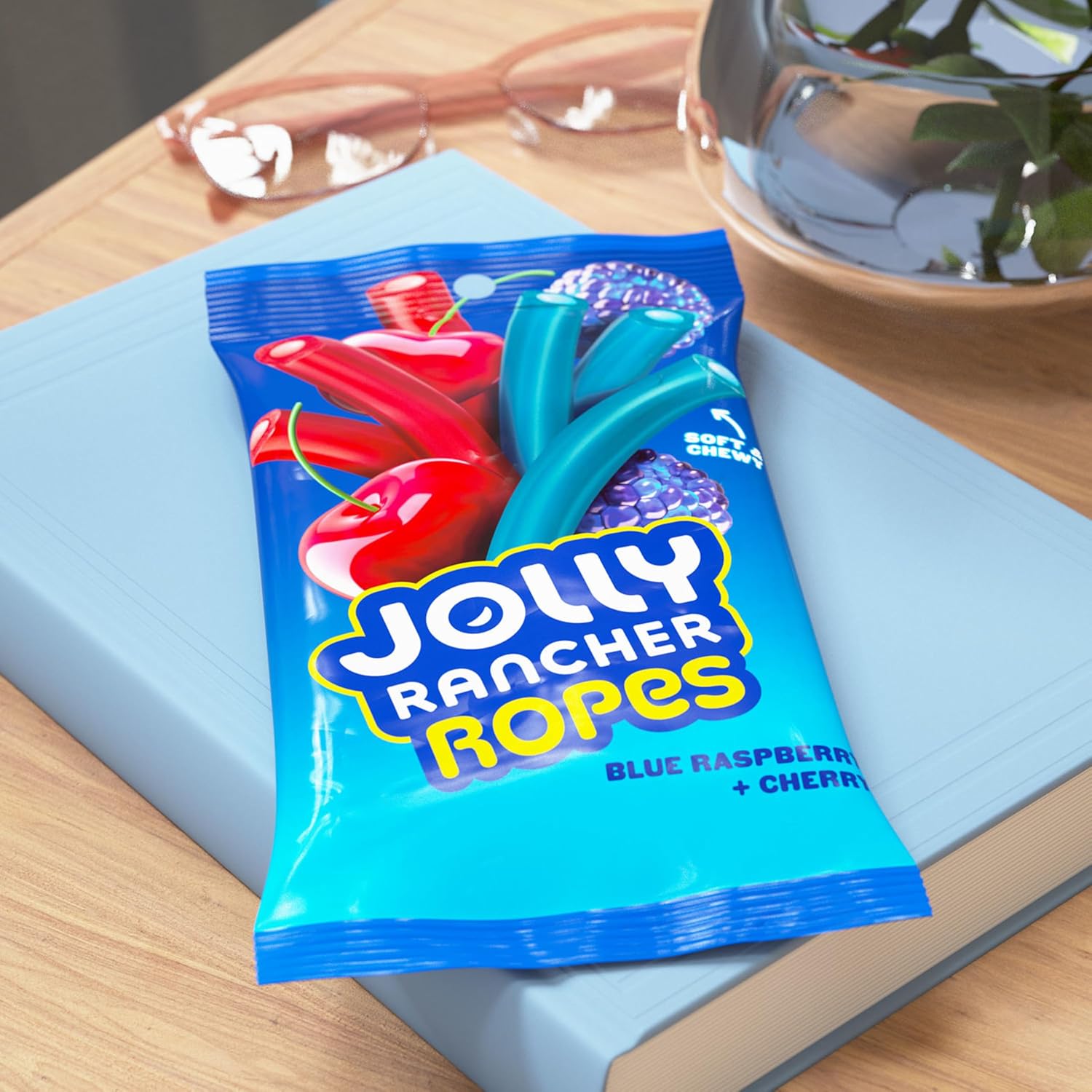 JOLLY RANCHER Ropes Blue Raspberry and Cherry Flavored Candy for Kids Birthdays, 6 oz Shareable Chewy Bag