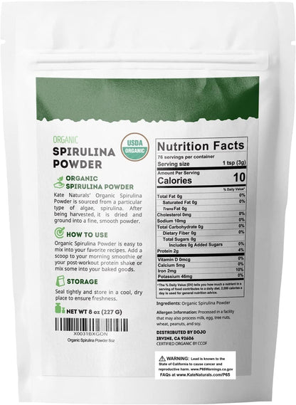 Kate Naturals Organic Spirulina Powder – Clean Wellness Boost for Home Blender and Counter Station, 8 oz