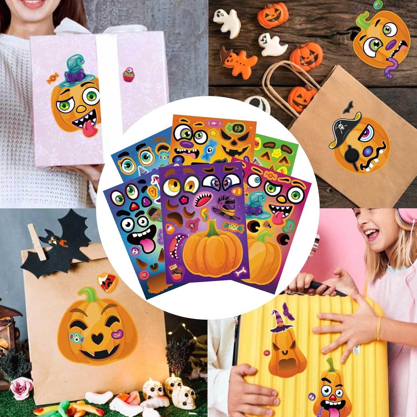 Kids Pumpkin Face Sticker Kit – 24 Sheets No Knife Carving Alternative for Nursery, Daycare, and Kitchen Table Fun