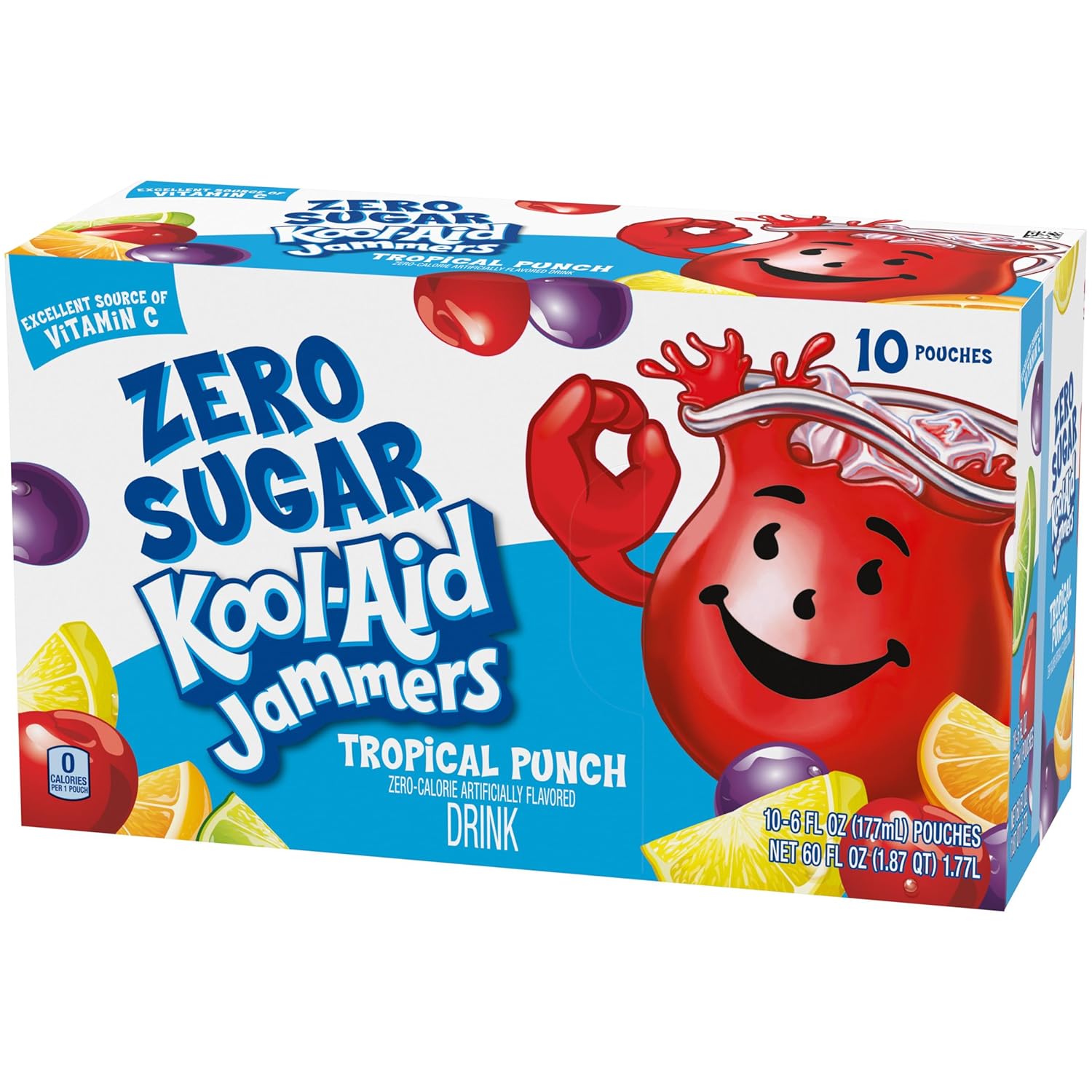 Kool-Aid Jammers Zero Sugar Tropical Punch Pouches, 10 ct, Lower-Calorie Sip for Pre-Diabetic Adults