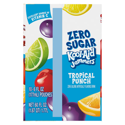 Kool-Aid Jammers Zero Sugar Tropical Punch Pouches, 10 ct, Lower-Calorie Sip for Pre-Diabetic Adults