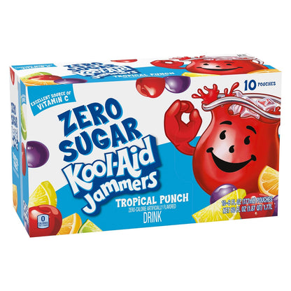 Kool-Aid Jammers Zero Sugar Tropical Punch Pouches, 10 ct, Lower-Calorie Sip for Pre-Diabetic Adults