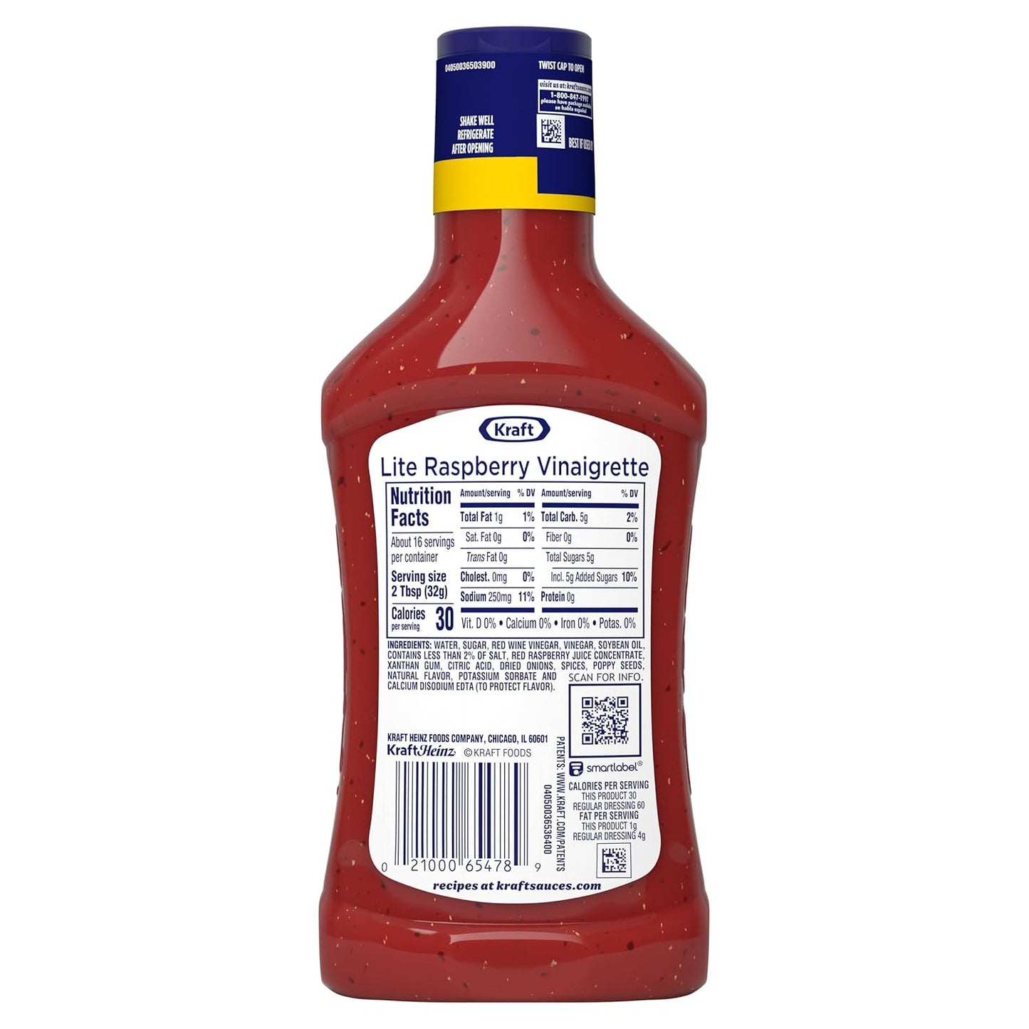 Kraft Lite Raspberry Vinaigrette – Open-Air Grilling Marinade for Chicken, Salmon, and Tofu, 16 fl oz