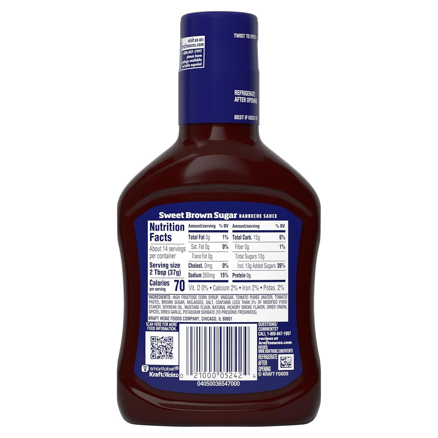 Kraft Sweet Brown Sugar Slow-Simmered Barbecue Sauce, 18 oz Sauce for School Night Dinners and Family Cookouts