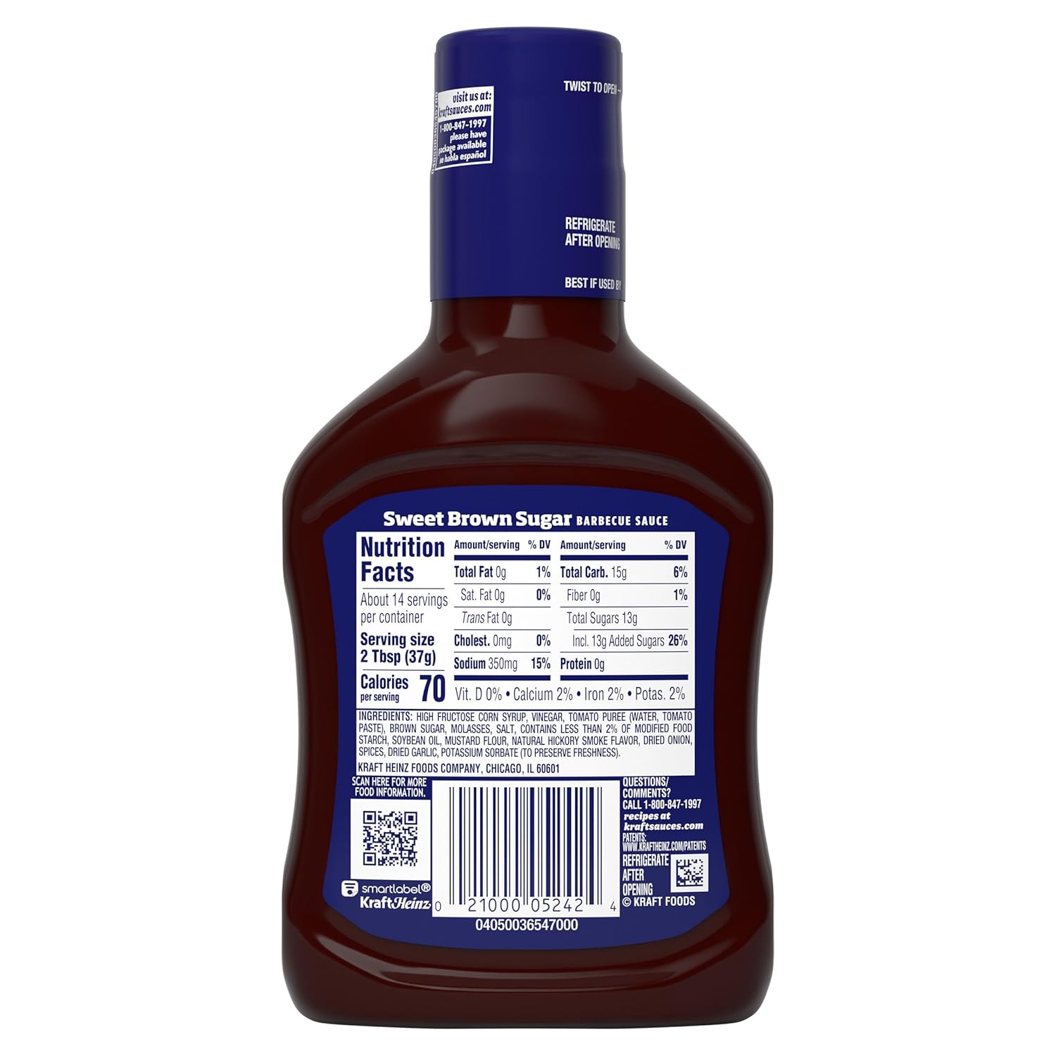 Kraft Sweet Brown Sugar Slow-Simmered Barbecue Sauce, 18 oz Sauce for School Night Dinners and Family Cookouts