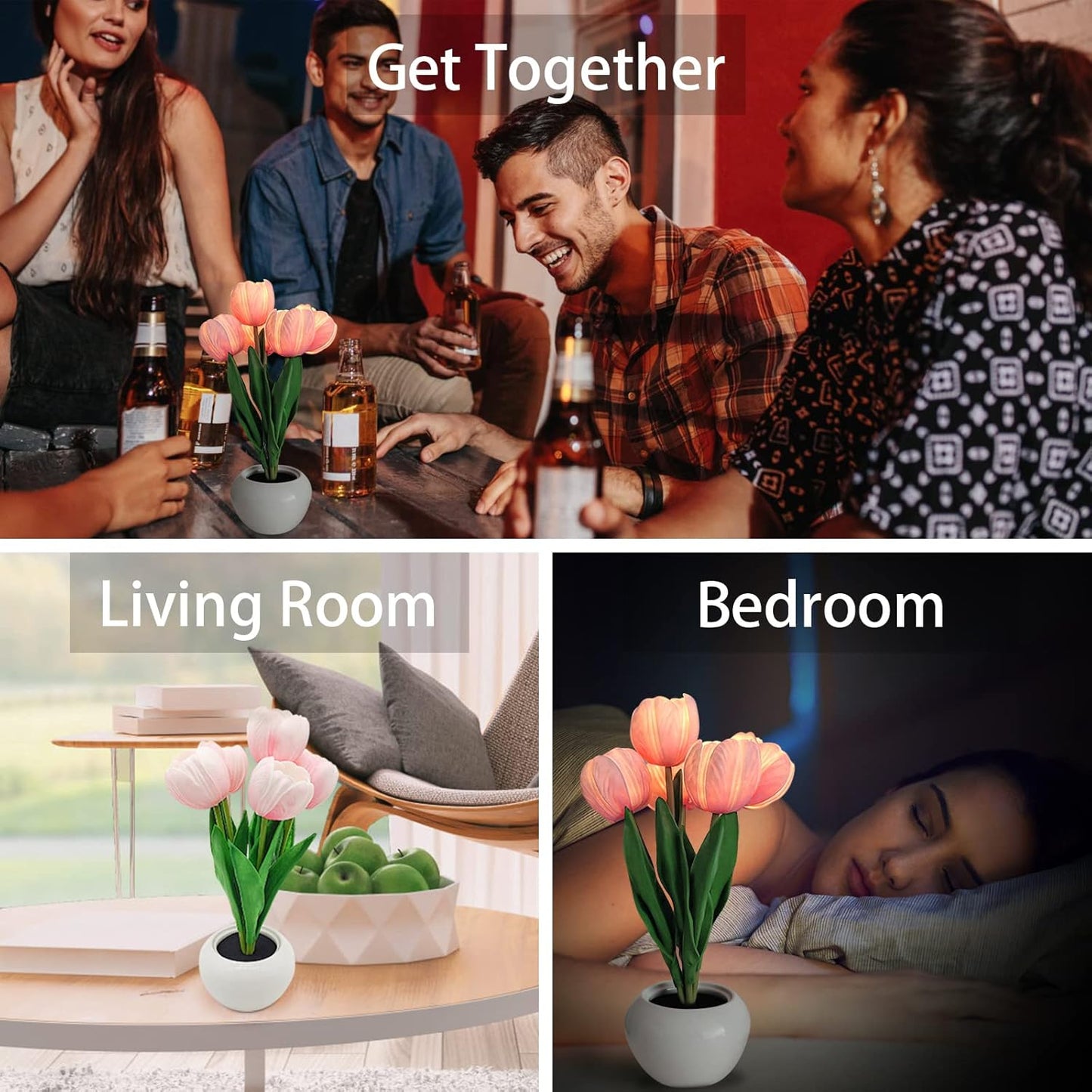 Pink Tulip Ceramic Lamp – Smokeless LED Bedside Light for Sleepers Sensitive to Open Flame