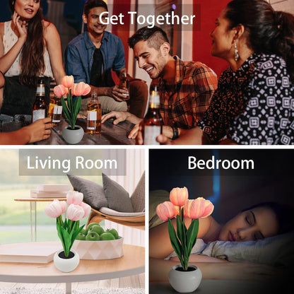 Pink Tulip Ceramic Lamp – Smokeless LED Bedside Light for Sleepers Sensitive to Open Flame